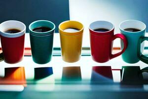 a row of colorful coffee cups on a table. AI-Generated photo