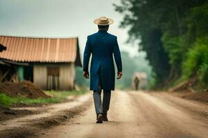 a man in a blue suit and hat walking down a dirt road. AI-Generated photo