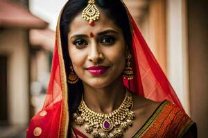 a beautiful indian woman wearing a red sari and jewelry. AI-Generated photo