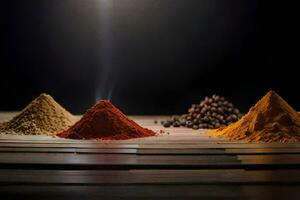 three different types of spices on a wooden table. AI-Generated photo