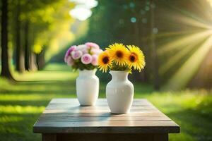 two vases with flowers on a table in the sun. AI-Generated photo