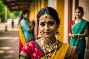 a woman in a colorful sari poses for the camera. AI-Generated photo