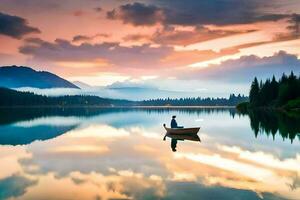 a man in a boat on a lake at sunset. AI-Generated photo