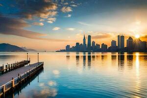 el ciudad horizonte es reflejado en el agua a puesta de sol. generado por ai foto