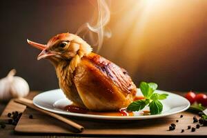 un pollo es sentado en un plato con un salsa. generado por ai foto