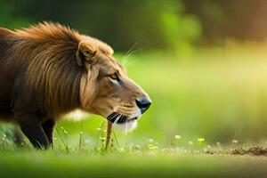 un león es caminando en el césped. generado por ai foto