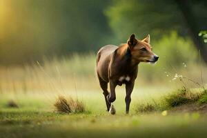 a brown dog walking through a grassy field. AI-Generated photo