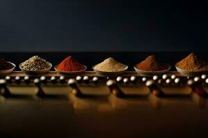 a row of spices in bowls on a table. AI-Generated photo