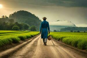 un hombre en un azul vestir caminando abajo un suciedad la carretera. generado por ai foto