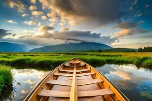 the boat is on the water, the sky is cloudy and the grass is green. AI-Generated photo