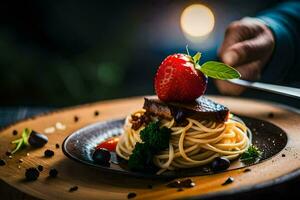 a person is holding a fork and knife over a plate of spaghetti. AI-Generated photo