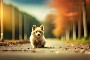 a small dog sitting on the road in the fall. AI-Generated photo