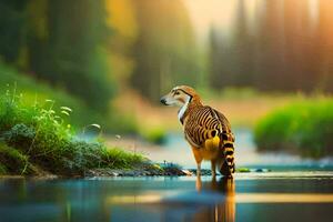 a striped animal standing in the water. AI-Generated photo