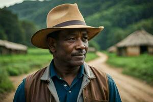 a man wearing a hat stands in front of a dirt road. AI-Generated photo