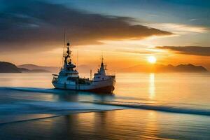 un pescar barco en el Oceano a puesta de sol. generado por ai foto