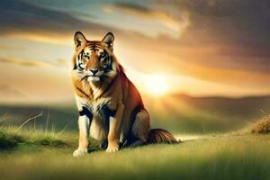un Tigre sentado en el césped a puesta de sol. generado por ai foto