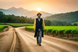 a man in a suit walks down a dirt road. AI-Generated photo