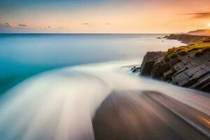 a long exposure photograph of waves crashing into the ocean. AI-Generated photo