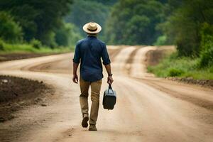 a man with a hat and a suitcase walks down a dirt road. AI-Generated photo