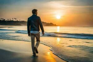 un hombre caminando en el playa a puesta de sol. generado por ai foto