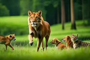 a lion and her cubs are walking through the grass. AI-Generated photo