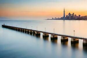 un largo exposición fotografía de un muelle en frente de un ciudad horizonte. generado por ai foto