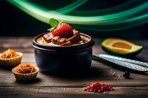 a bowl of dessert with strawberries, avocado and a knife. AI-Generated photo
