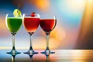 three glasses of different colored drinks on a table. AI-Generated photo