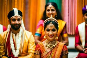 a bride and groom in traditional indian attire. AI-Generated photo