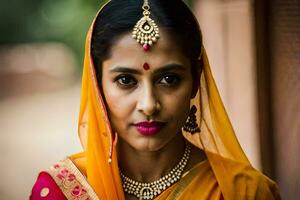 a beautiful indian woman wearing a sari and jewelry. AI-Generated photo