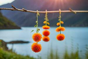 foto fondo de pantalla flores, el cielo, el montañas, el lago, el montañas, el lago,. generado por ai