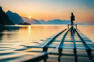 a man standing on a dock looking at the sun setting over the water. AI-Generated photo