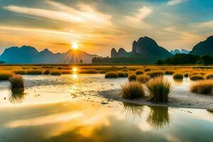 the sunrise over the li river. AI-Generated photo