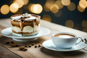 coffee and dessert on a wooden table. AI-Generated photo