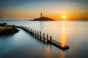 a pier with a lighthouse at sunset. AI-Generated photo