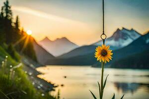 sunflower hanging from a rope in front of a lake. AI-Generated photo
