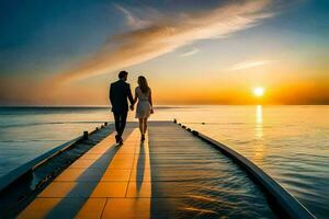 un Pareja camina en un muelle a puesta de sol. generado por ai foto