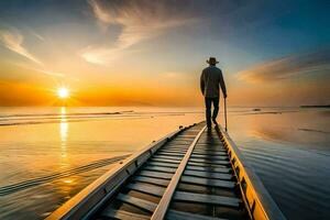un hombre en pie en un de madera puente a puesta de sol. generado por ai foto