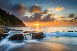 the sun sets over the ocean and waves crashing into rocks. AI-Generated photo