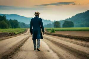 a man in a blue suit and hat walks down a dirt road. AI-Generated photo