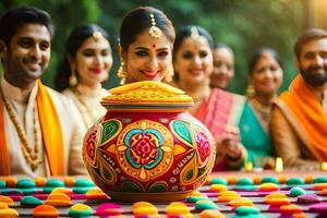 a woman in a colorful sari is holding a pot with a candle. AI-Generated photo