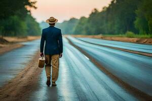 un hombre en un traje y sombrero camina abajo un la carretera. generado por ai foto