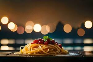 a plate of spaghetti with tomato sauce on a wooden table. AI-Generated photo