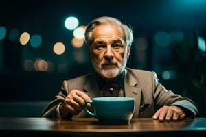 un más viejo hombre en un traje participación un taza. generado por ai foto