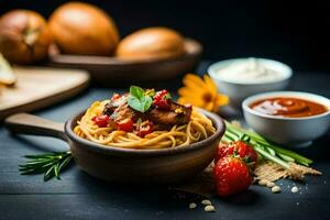 spaghetti with meat and tomatoes in a wooden bowl. AI-Generated photo