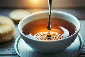 a spoon is pouring tea into a cup. AI-Generated photo