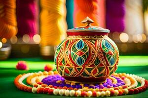 a colorful pot with beads and colorful string. AI-Generated photo