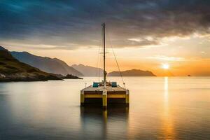 a boat sits in the water at sunset. AI-Generated photo