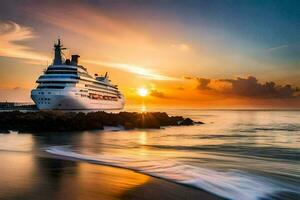 un crucero Embarcacion en el Oceano a puesta de sol. generado por ai foto