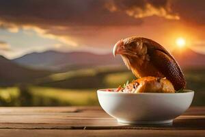 a turkey is sitting in a bowl with a mountain in the background. AI-Generated photo